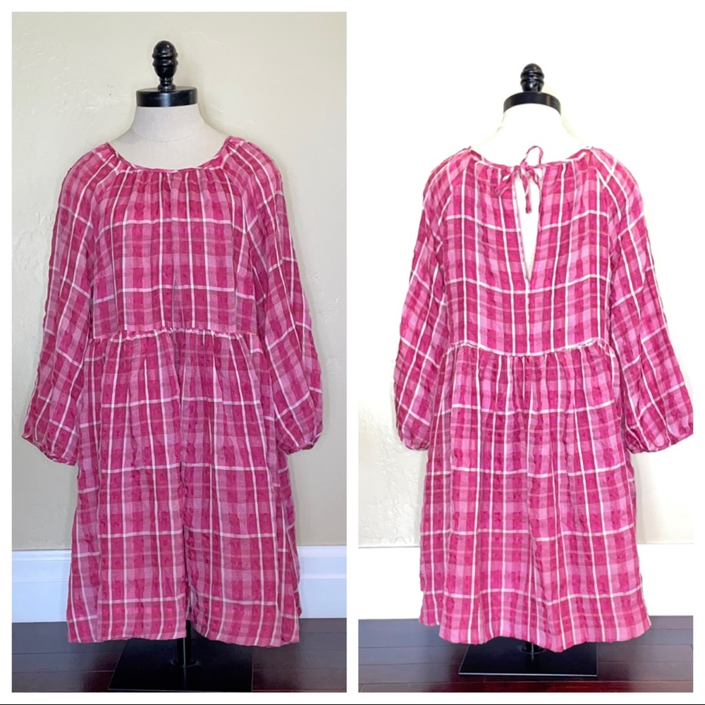 Madewell Plaid Shirred Babydoll Mini Dress Pink Size Medium